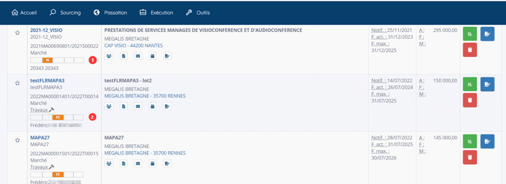 Page d'accueil du menu EXEC avec la liste de tous les contrats de la collectivité.