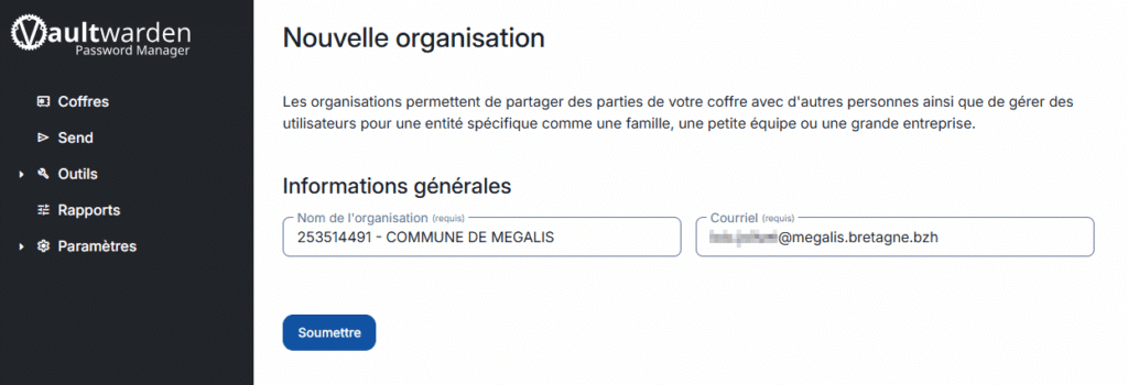 Capture d'écran de la création d'une nouvelle organisation