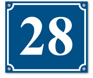 Plaque de numérotation des voies française, ici le numéro 28 blanc sur fond bleu foncé