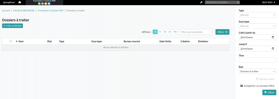 Les différentes filtres disponibles : type, sous type, date, titre et état du dossier