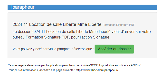 Notification mail reçue indiquant l'état d'un dossier