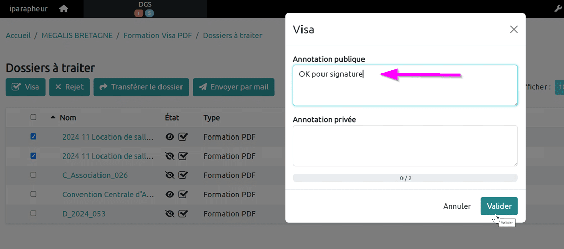 Les annotations publiques sont situées dans le premier encart et les annotations privée en dessous