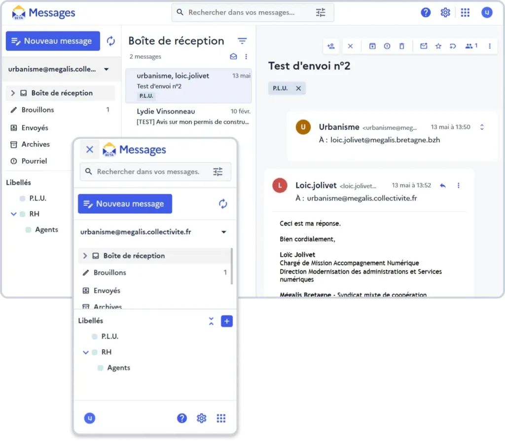 Captures d'écran du service "Messages" de la suite territoriale, dans son format Ordinateur et Mobile.