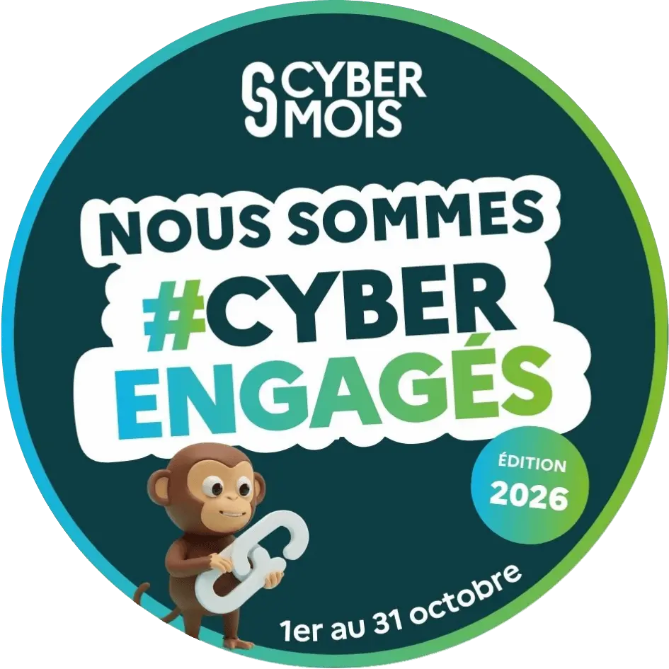 Logo du cybermois : un badge vert foncé avec inscrit "Nous sommes #cyber engagés - édition 2026 - du 1e au 31 octobre" avec un petit signe comme mascotte.