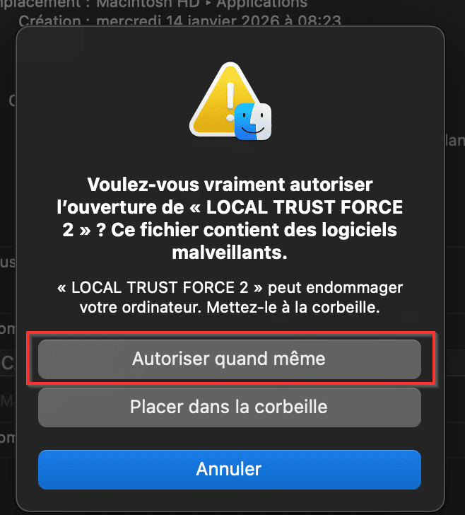 Installation de FORCE - Confirmation d'ignorer la protection contre les logiciels malveillants