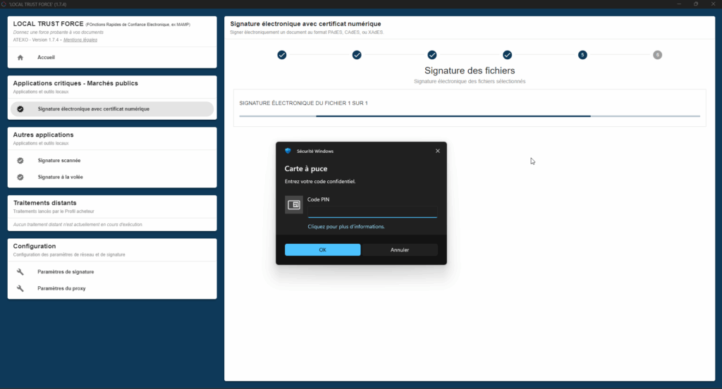 FORCE - Signature électronique, saisie du code PIN
