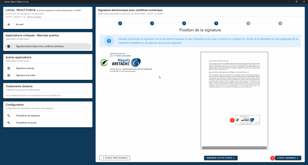 FORCE - Signature électronique, sélection de l'emplacement de la signature