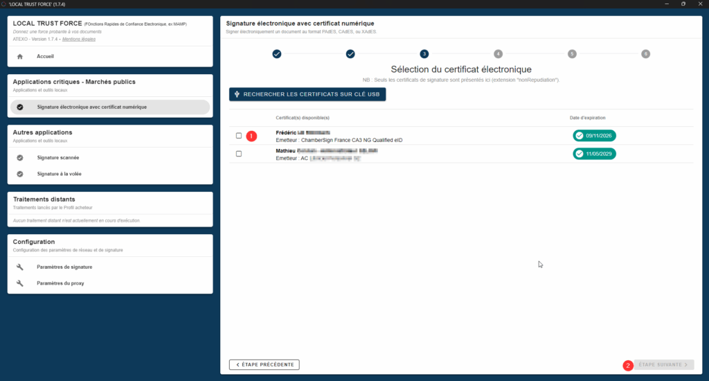 FORCE - Signature électronique, sélection du certificat et validation