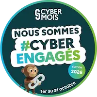 Logo du cybermois : un badge vert foncé avec inscrit "Nous sommes #cyber engagés - édition 2026 - du 1e au 31 octobre" avec un petit signe comme mascotte.