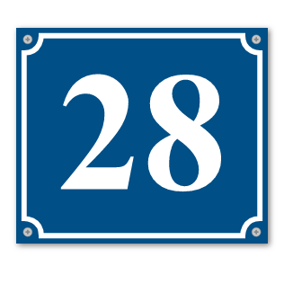 Plaque de numérotation des voies française, ici le numéro 28 blanc sur fond bleu foncé