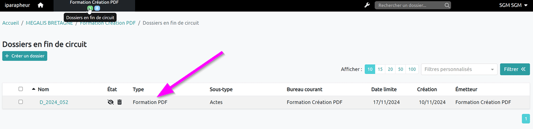 Cliquez sur le nom du dossier à récupérer