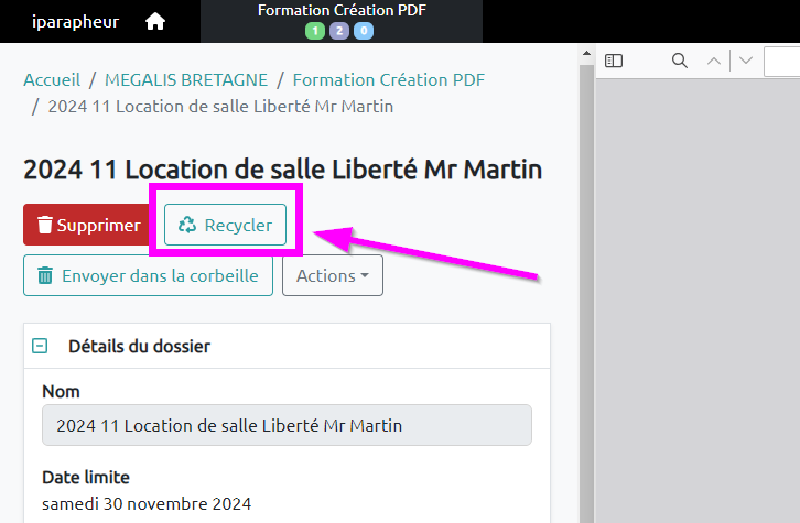 le bouton recycler se trouve à droite du bouton supprimer