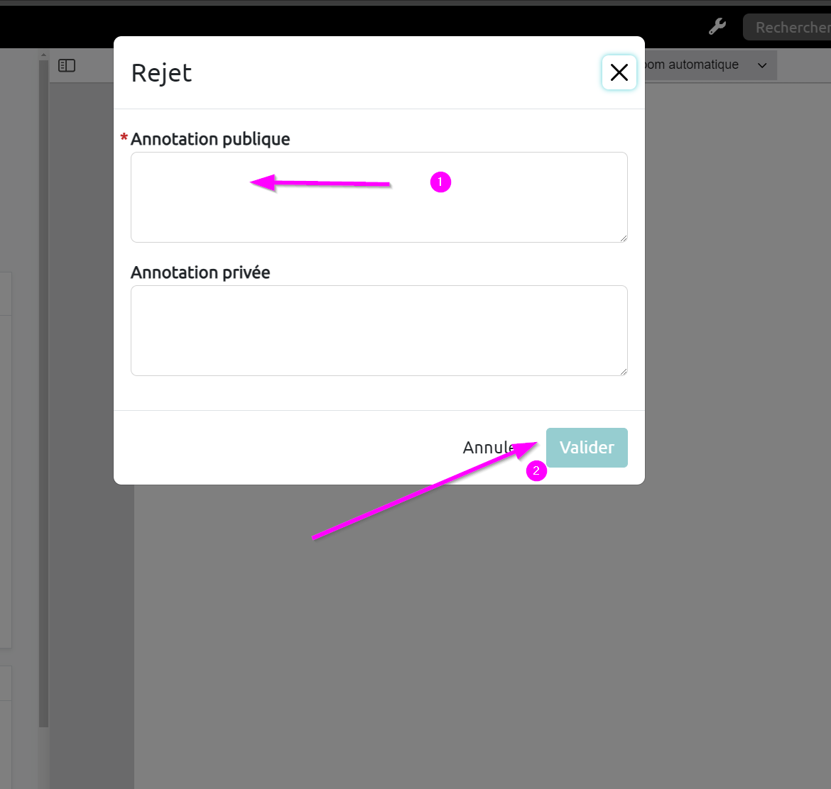 les annotations publiques sont en haut de la page, les annotations privées au milieu et le bouton valider tout en bas à droite
