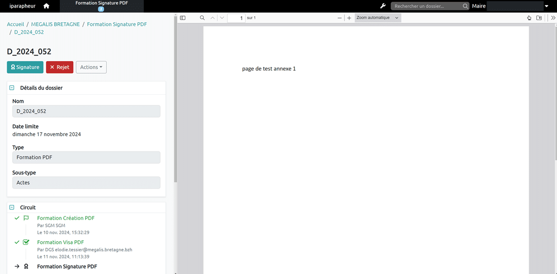 Visualisation du dossier à signer avec menu action à gauche