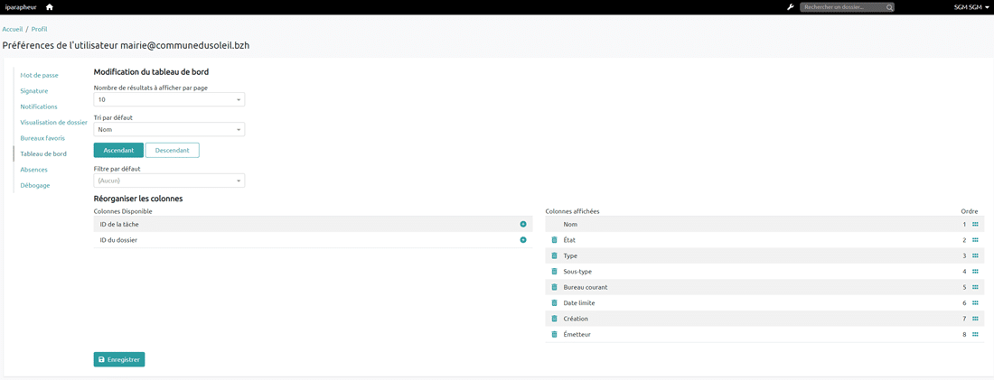 6ème menu : Modification du tableau de bord