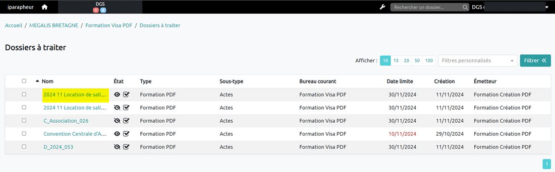 tableau de bord, cliquez sur un dossier à traiter